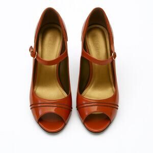 J.Crew Mary Jane Spectator Peep Toe Heels Size 8 in Ember Patent Leather Italy